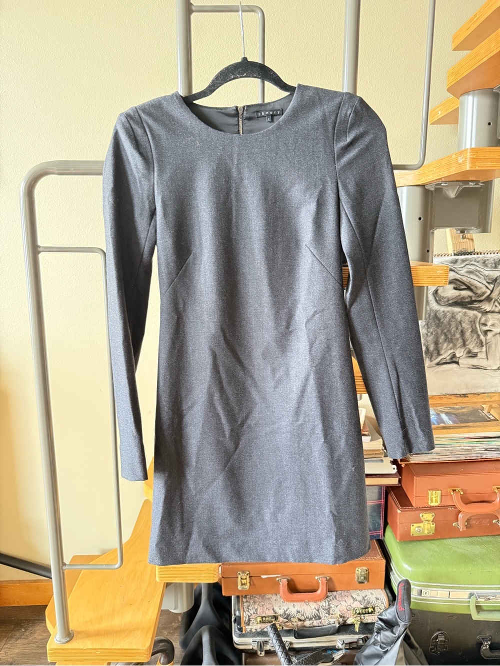 Theory Slate Gray Long-Sleeve Crewneck Shift Dress